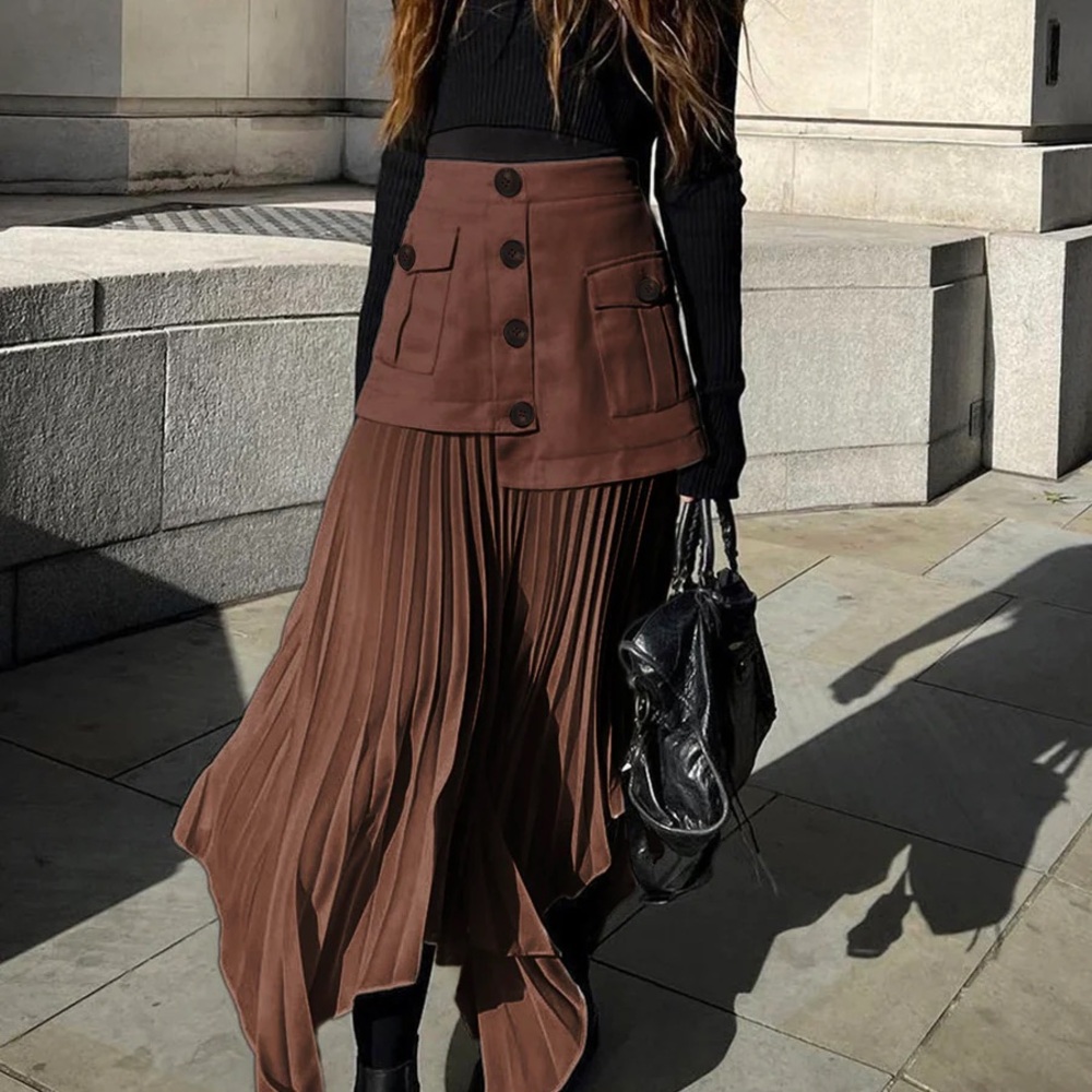 Commense Patchwork Asymmetrical Pleated Buttoned Midi
Skirt